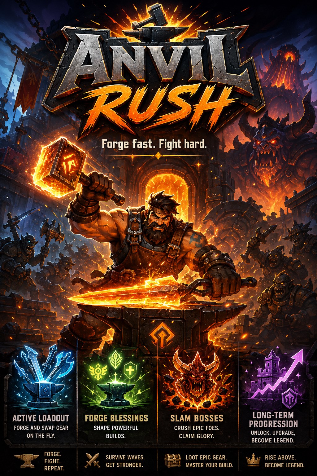 Anvil Rush key art showing a blacksmith forging a weapon while enemies close in