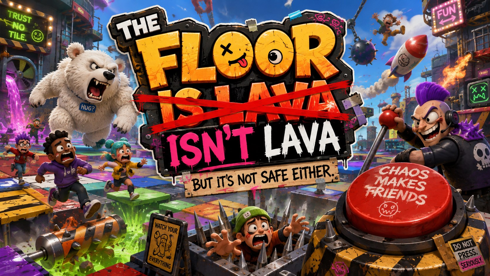 TFILBINSE key art showing runners dodging colorful hazards in a chaotic obstacle course