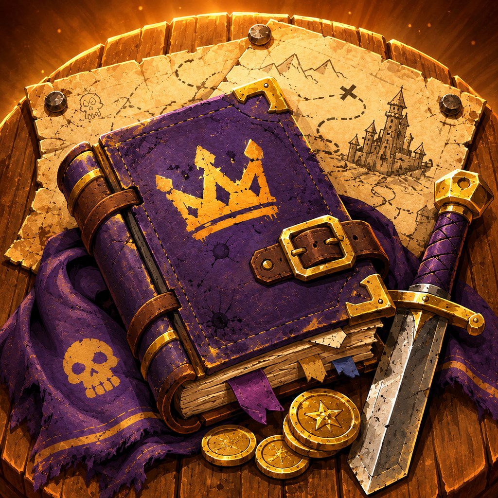 A purple adventurer's journal, sword, map, and coins arranged on a wooden table