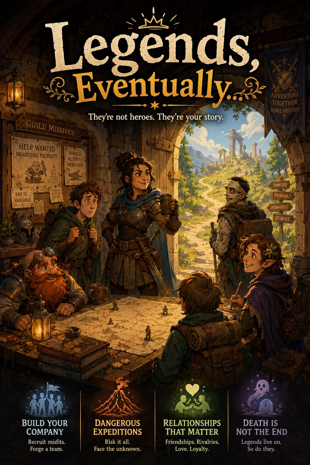 Legends, Eventually key art showing an unlikely adventuring company in a guild hall