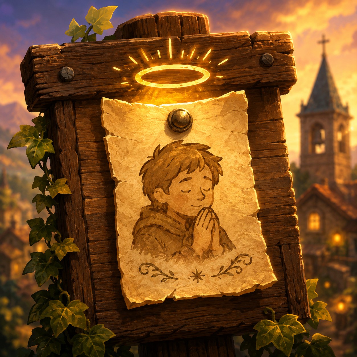 A prayer notice pinned to a wooden village board beneath a glowing halo