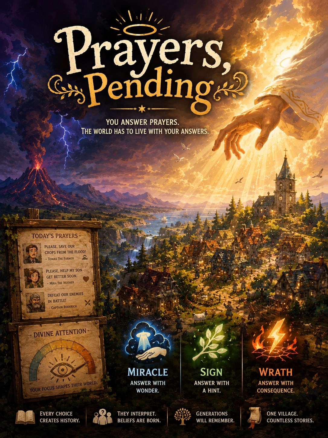 Prayers Pending key art showing a village between divine light and a distant eruption