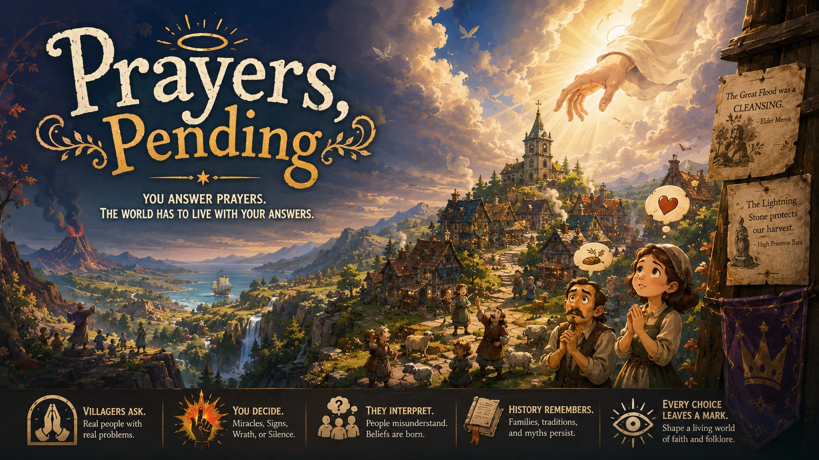 A village beneath a radiant hand in the sky with distant storm clouds and a volcano