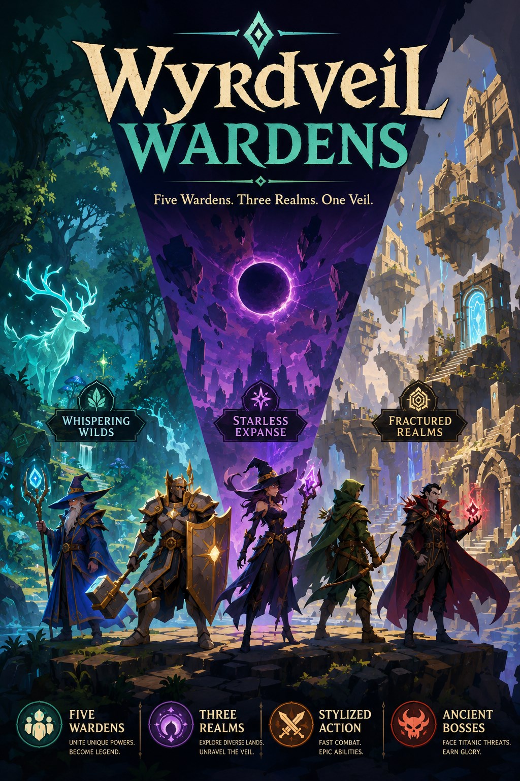 Wyrdveil Wardens realm art showing the Whispering Wilds, Starless Expanse, and Fractured Realms