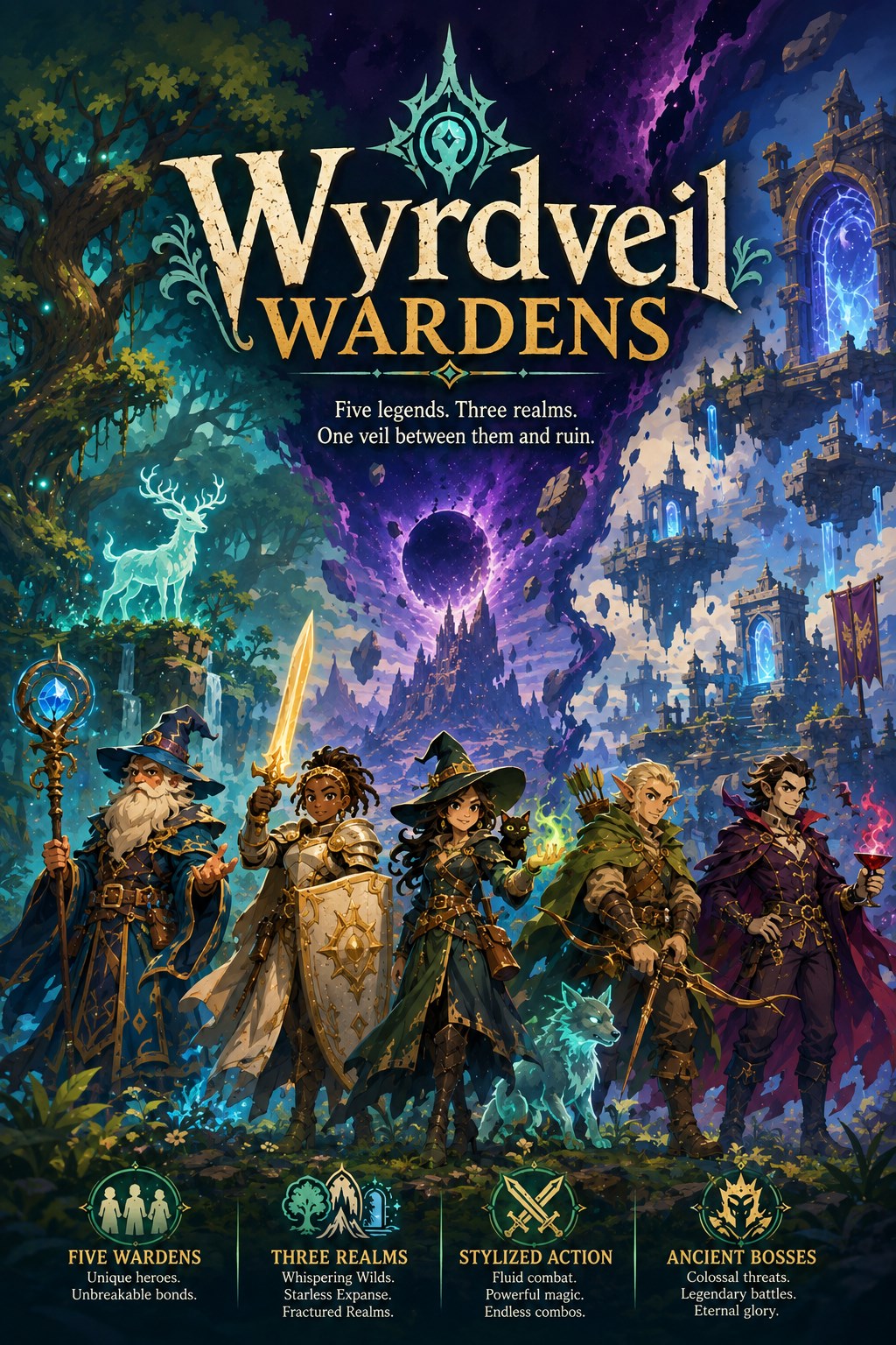 Wyrdveil Wardens key art showing five fantasy Wardens before three divided realms